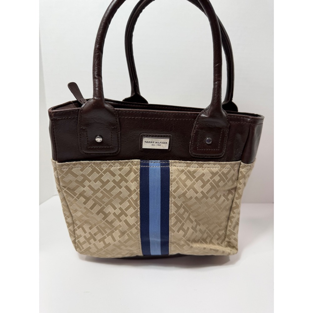 Tommy Hilfiger Tote Bag Monogram Print Brown Leather Accent Striped Accent